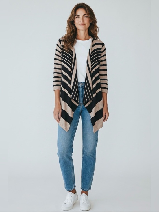 Lyn Sweaters - LYN 3/4 Sleeve Open Front Cardigan // Black & Tan Stripe // Large